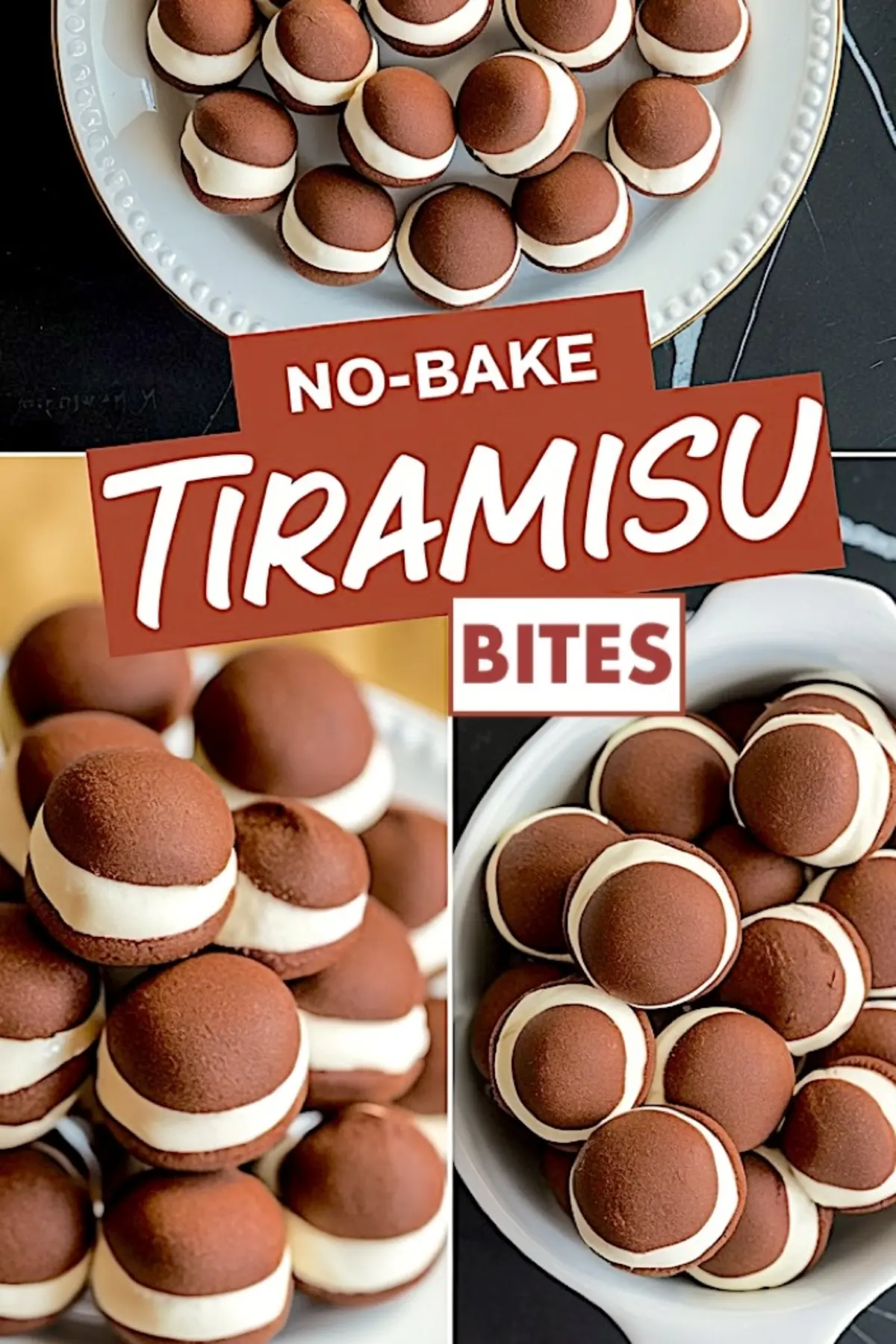 Collage showing no-bake tiramisu bites from various angles, highlighting cocoa cookie tops and creamy centers. Ideal for showcasing mini dessert presentation, sweet snack ideas, or bite-sized tiramisu variations.