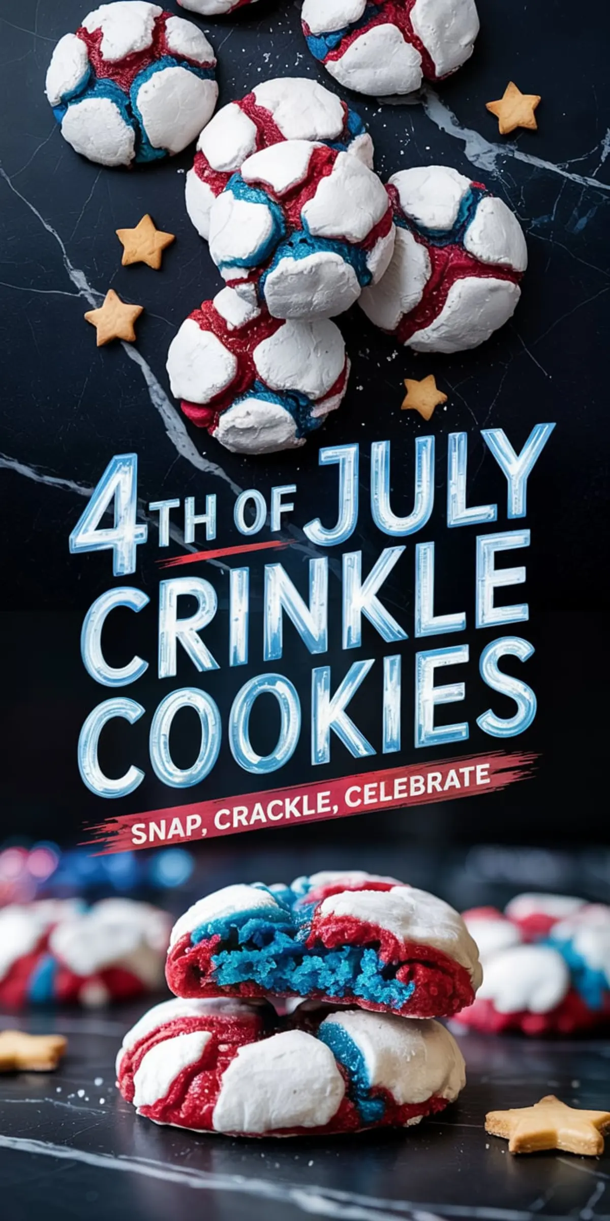 Red, white, and blue crinkle cookies with a powdered sugar coating and festive cracks, styled for 4th of July desserts and patriotic baking, shown whole and halved to display the vibrant interior on a dark background with star-shaped cookies.