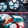 Collage showing baked red, white, and blue crinkle cookies with crackled powdered sugar tops, alongside a close-up of the colorful cookie interior featuring layered red, white, and blue dough for Independence Day treats.