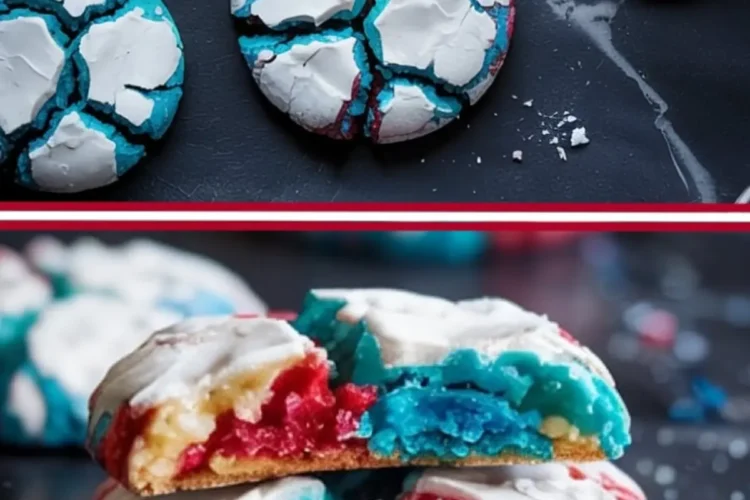 Collage showing baked red, white, and blue crinkle cookies with crackled powdered sugar tops, alongside a close-up of the colorful cookie interior featuring layered red, white, and blue dough for Independence Day treats.