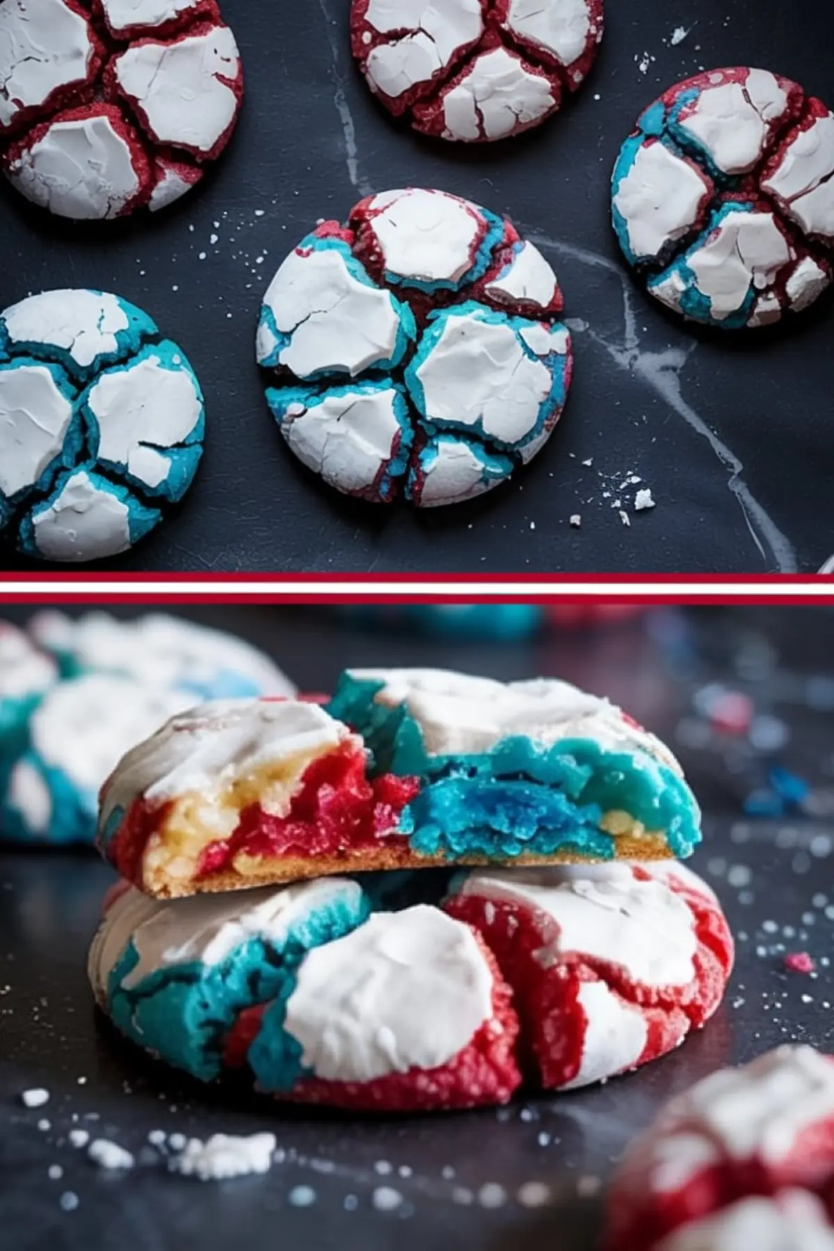 Collage showing baked red, white, and blue crinkle cookies with crackled powdered sugar tops, alongside a close-up of the colorful cookie interior featuring layered red, white, and blue dough for Independence Day treats.