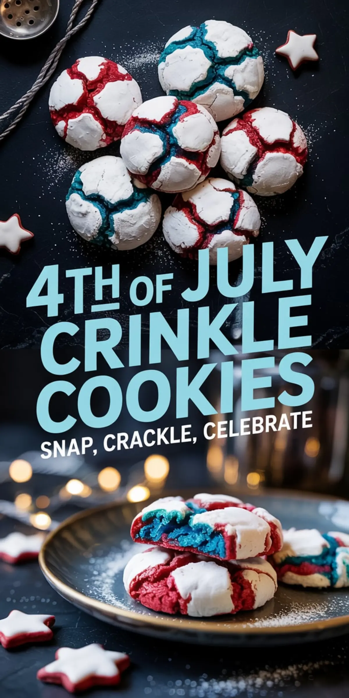 Fourth of July crinkle cookies with bright red and blue centers peeking through cracked powdered sugar tops, stacked on a plate surrounded by star cookies and twinkling holiday lights, creating a festive dessert scene.