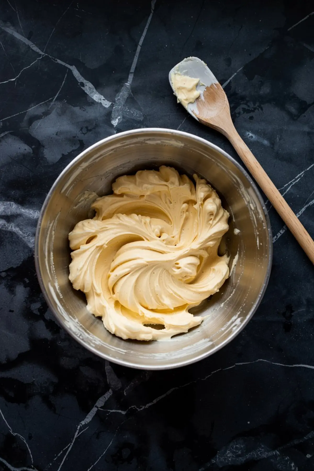 Creamy whipped cookie dough swirled in a metal mixing bowl with a wooden spoon on a black marble countertop, showcasing smooth texture and buttery consistency for baking.