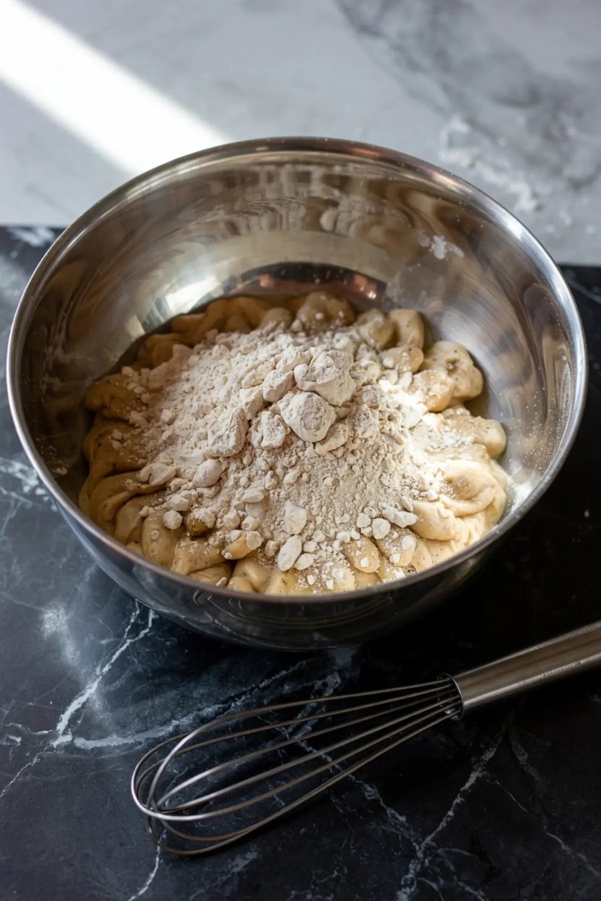 Raw cookie dough in a bowl with dry ingredients sprinkled on top, ready for mixing, placed beside a wire whisk on a black marble countertop during baking prep.