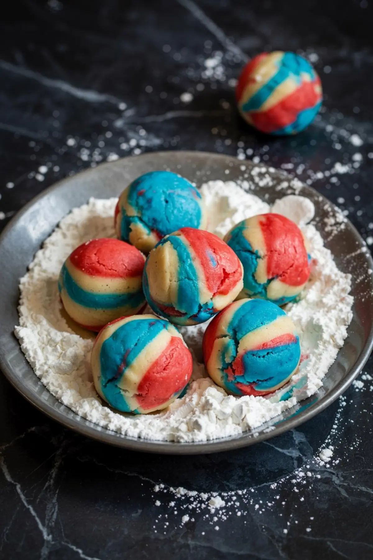 Scoop-shaped tricolor cookie dough balls in red, white, and blue placed in a bowl of powdered sugar, ready to be baked into patriotic crinkle cookies for Fourth of July celebrations.
