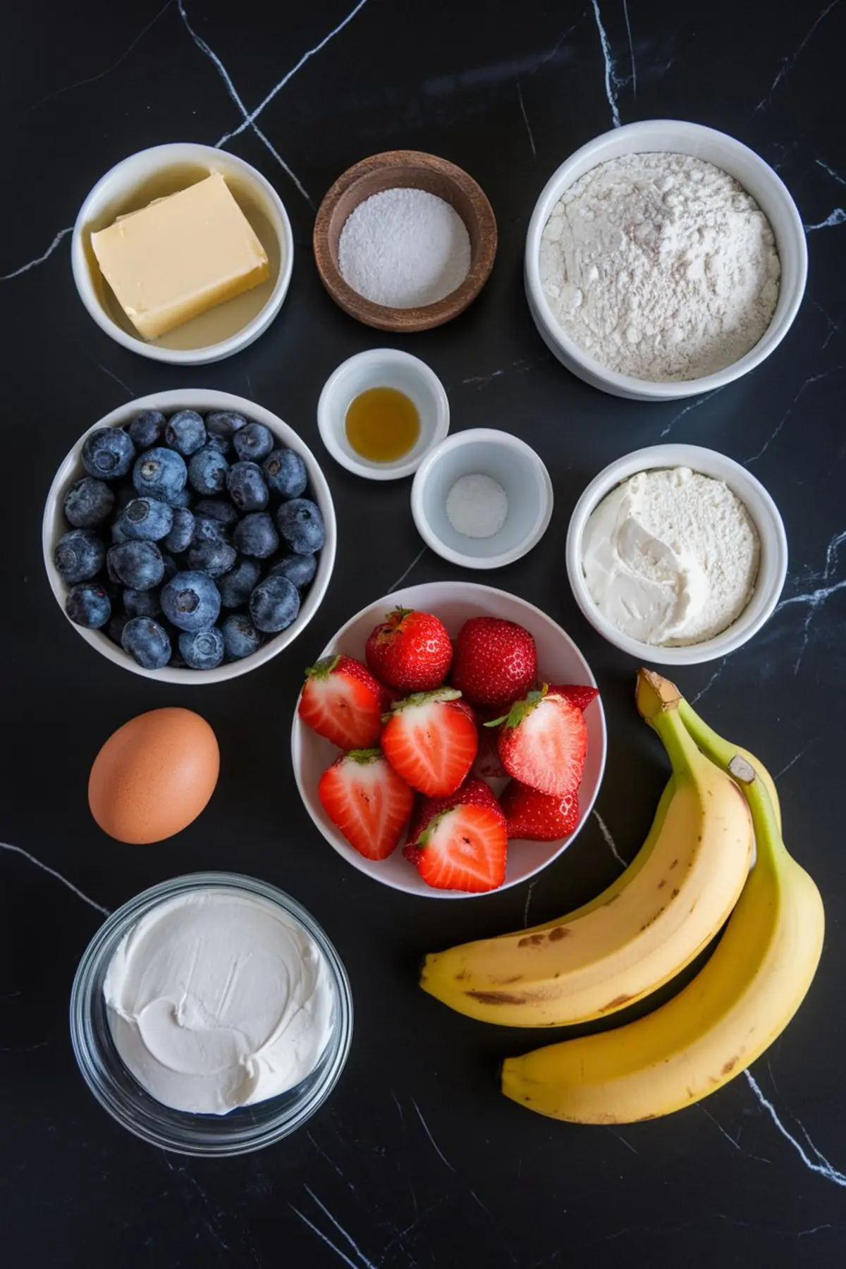Flat lay of fresh fruit pizza ingredients including blueberries, strawberries, bananas, cream cheese, butter, egg, flour, baking soda, vanilla extract, and sugar in bowls on a black marble countertop.