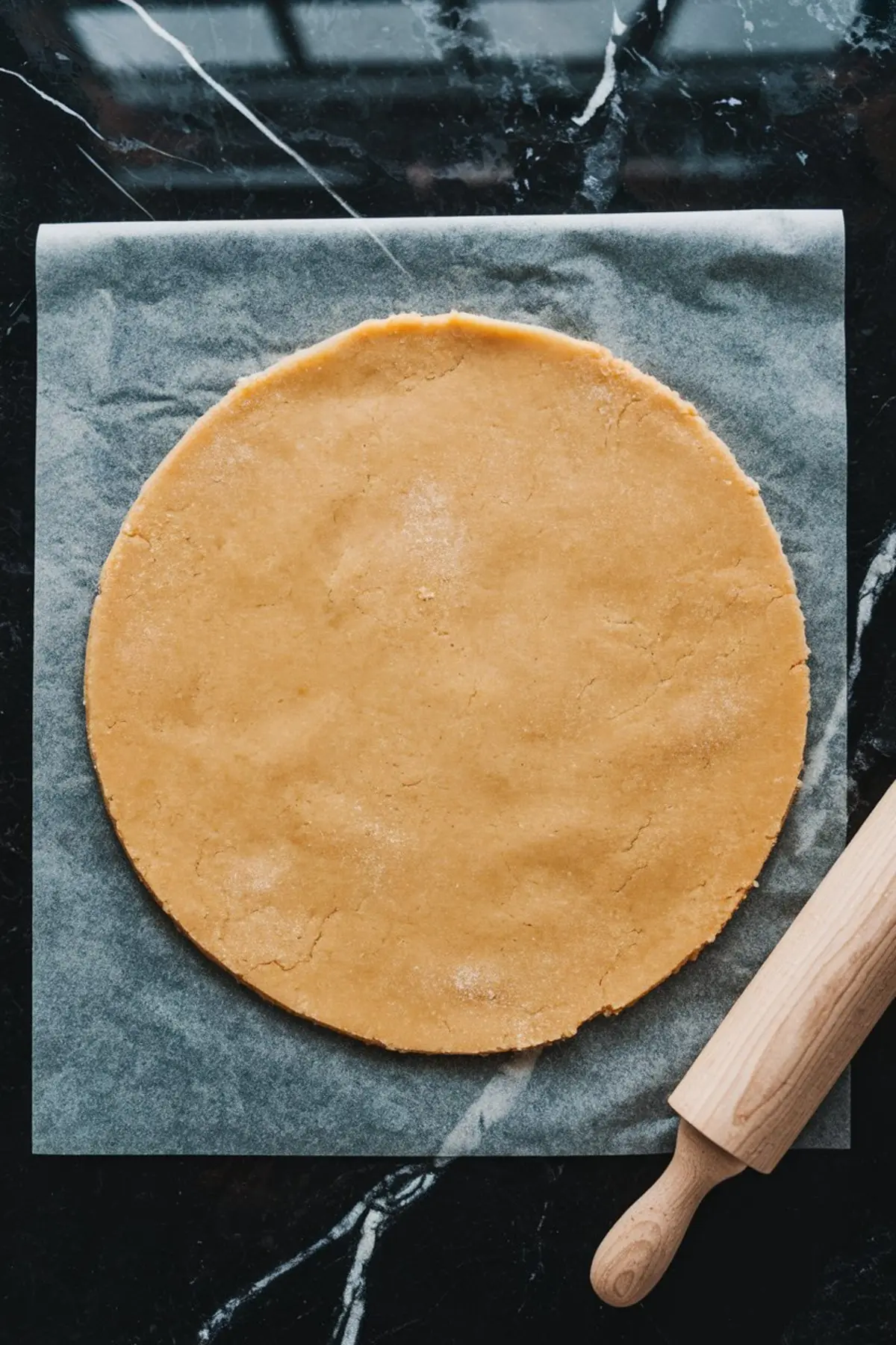 Rolled out sugar cookie dough in a perfect circle on parchment paper with a wooden rolling pin beside it, prepared for baking the fruit pizza crust.