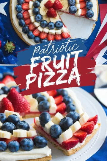 Baked and sliced patriotic fruit pizza decorated with layers of strawberries, bananas, and blueberries over cream cheese frosting, shown overhead and close-up on a white plate with a festive red, white, and blue background.