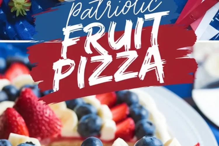 Baked and sliced patriotic fruit pizza decorated with layers of strawberries, bananas, and blueberries over cream cheese frosting, shown overhead and close-up on a white plate with a festive red, white, and blue background.
