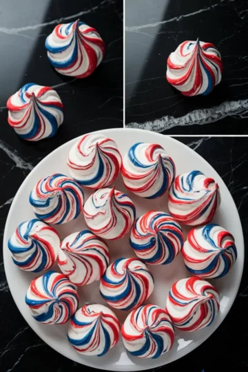 Swirled red, white, and blue meringue cookies displayed on a white plate with close-up shots on a black marble background. These patriotic treats feature vibrant spiral patterns and glossy peaks, ideal for festive dessert tables and 4th of July party ideas.