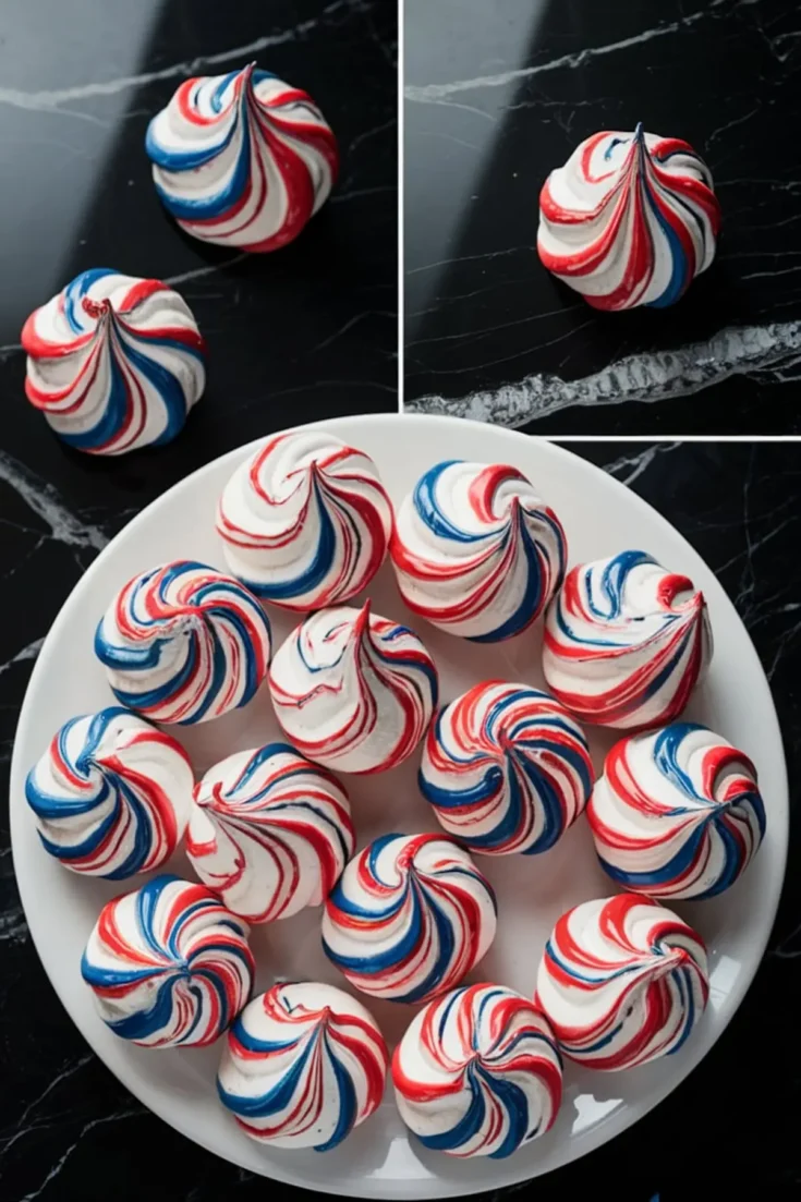 Swirled red, white, and blue meringue cookies displayed on a white plate with close-up shots on a black marble background. These patriotic treats feature vibrant spiral patterns and glossy peaks, ideal for festive dessert tables and 4th of July party ideas.
