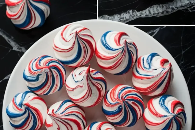 Swirled red, white, and blue meringue cookies displayed on a white plate with close-up shots on a black marble background. These patriotic treats feature vibrant spiral patterns and glossy peaks, ideal for festive dessert tables and 4th of July party ideas.