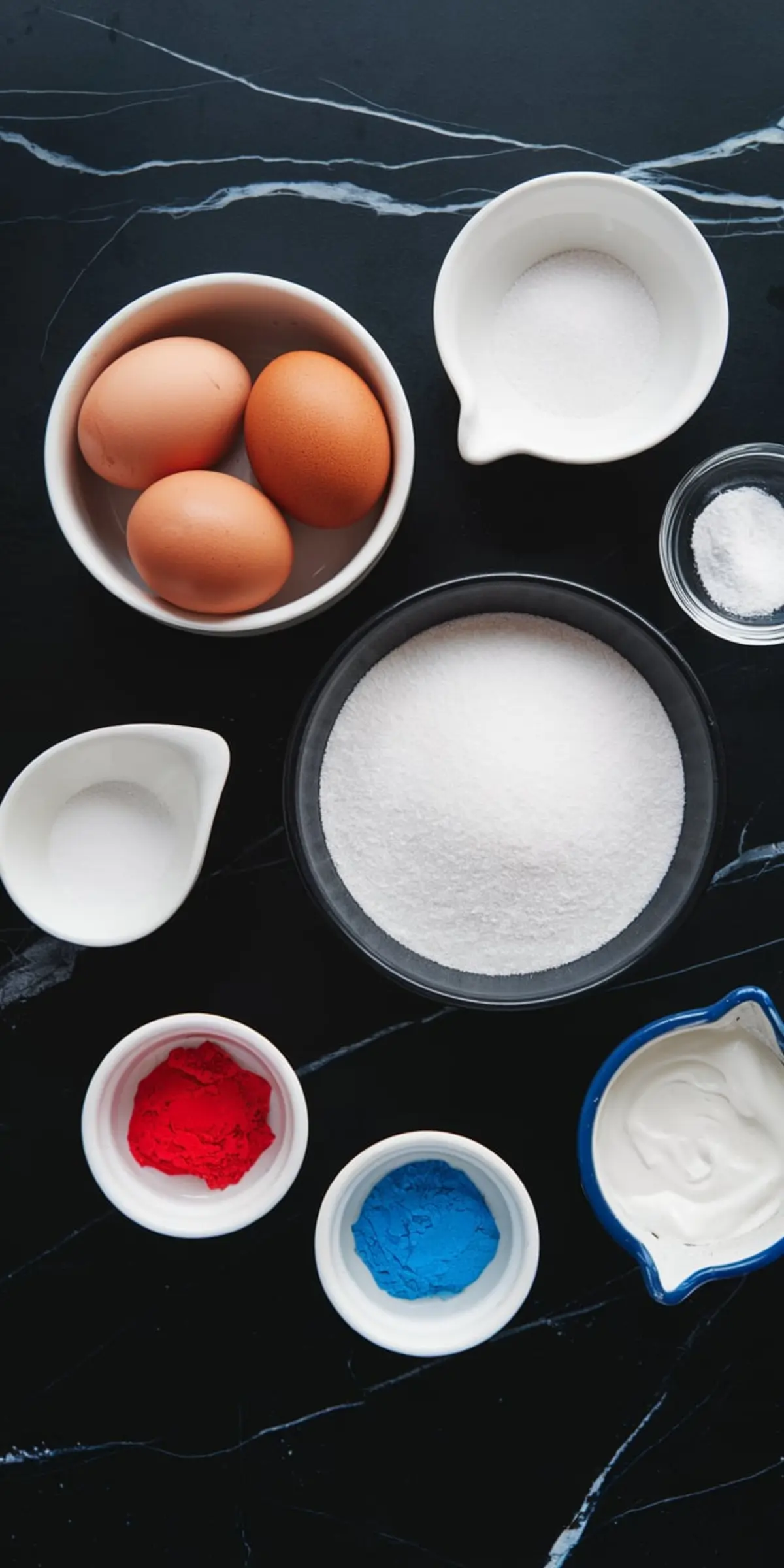 Flat lay of meringue ingredients on a black marble surface, including eggs, granulated sugar, powdered sugar, cream of tartar, and red and blue powdered food coloring. This baking prep layout is styled for colorful dessert recipes and holiday-themed baking inspiration.