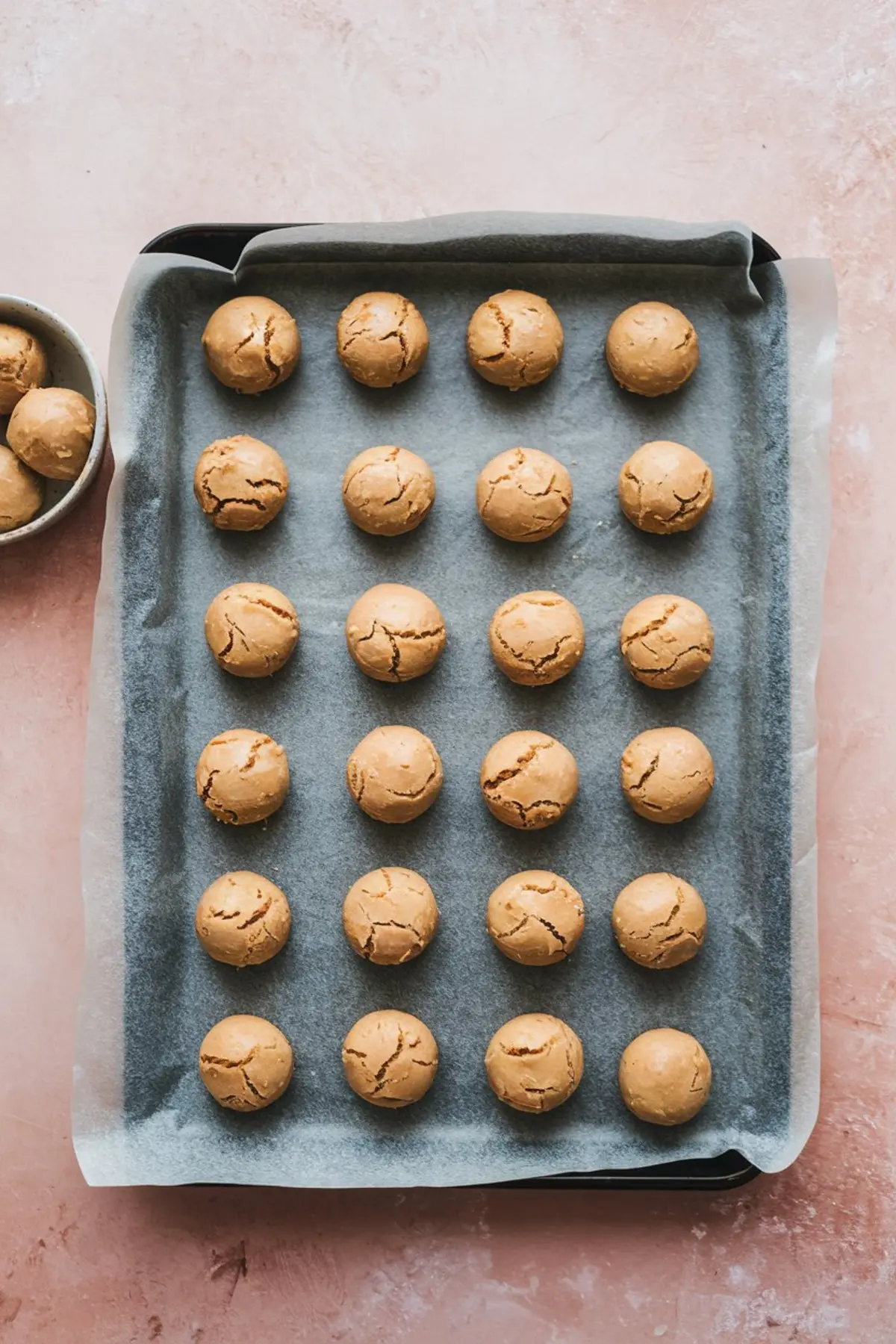 Raw peanut butter cookie dough balls spaced evenly on a parchment-lined baking tray, ready for baking into classic peanut butter blossoms.
