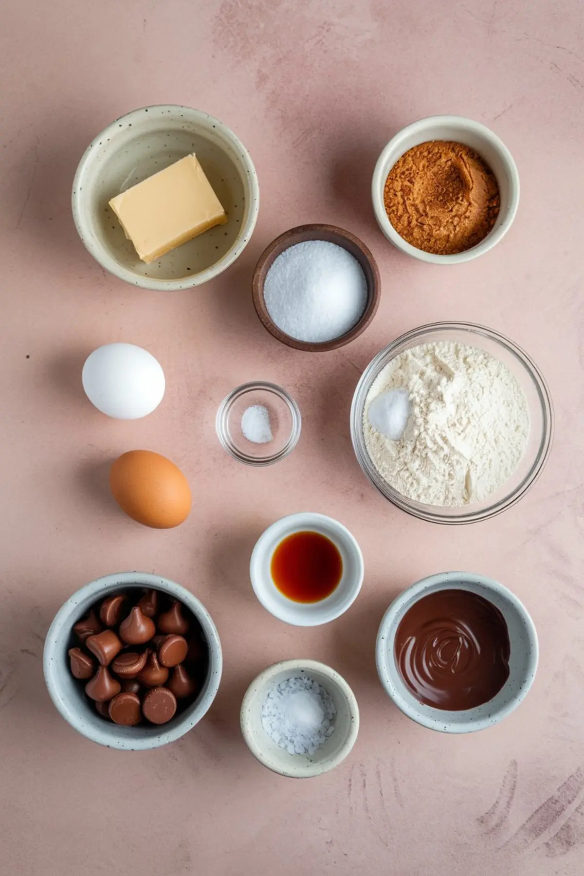 Flat lay of peanut butter blossom cookie ingredients including butter, peanut butter, sugar, flour, vanilla extract, chocolate kisses, and eggs, arranged in ceramic bowls on a pink background.
