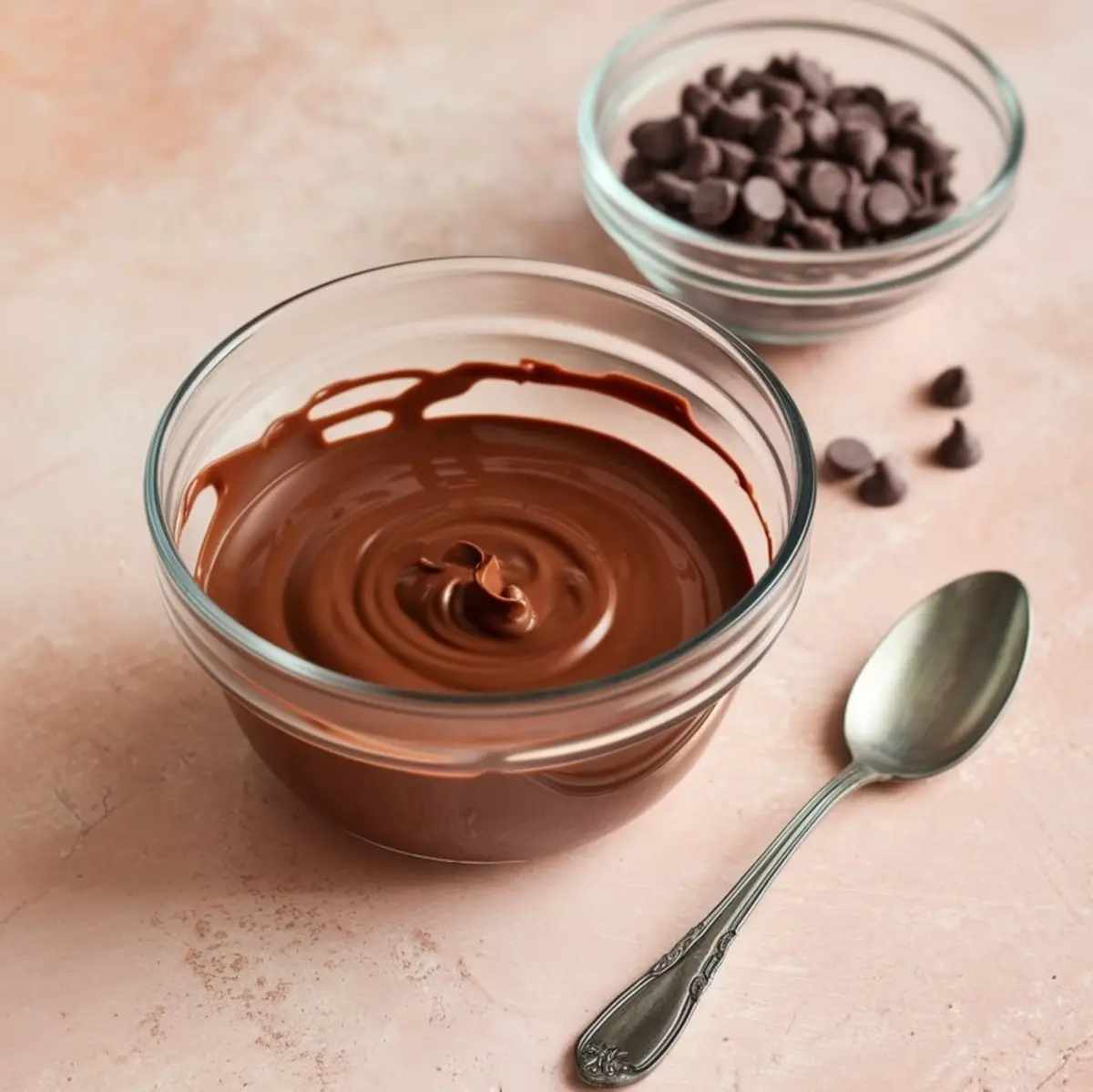 Glass bowls filled with melted chocolate and chocolate chips with a spoon on the side, used for dipping or topping peanut butter cookies.
