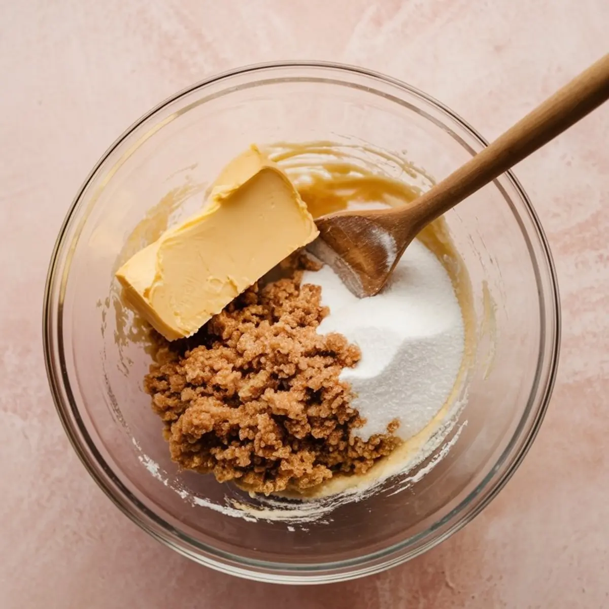 Glass bowl containing butter, white sugar, and brown sugar partially creamed together with a wooden spoon, the base for peanut butter cookie dough.
