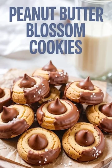 Chocolate-dipped peanut butter blossom cookies with Hershey’s kisses and sea salt served with a glass of milk, styled for a cozy dessert moment.