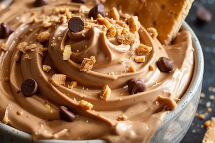 Creamy peanut butter cheesecake dip swirled in a ceramic bowl, topped with chocolate chips and crushed graham crackers, with graham crackers served on the side for dipping.