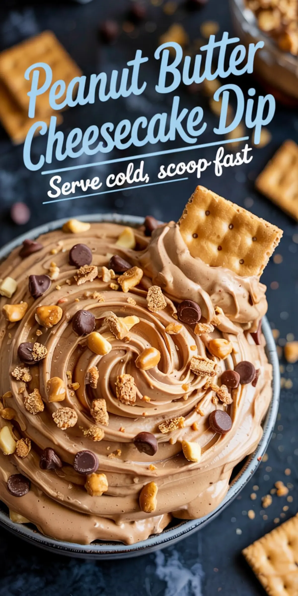 Close-up of a thick peanut butter cheesecake dip garnished with chocolate chips, crushed graham crackers, and chopped peanuts, served in a bowl with crackers, labeled “Peanut Butter Cheesecake Dip – Serve cold, scoop fast.”
