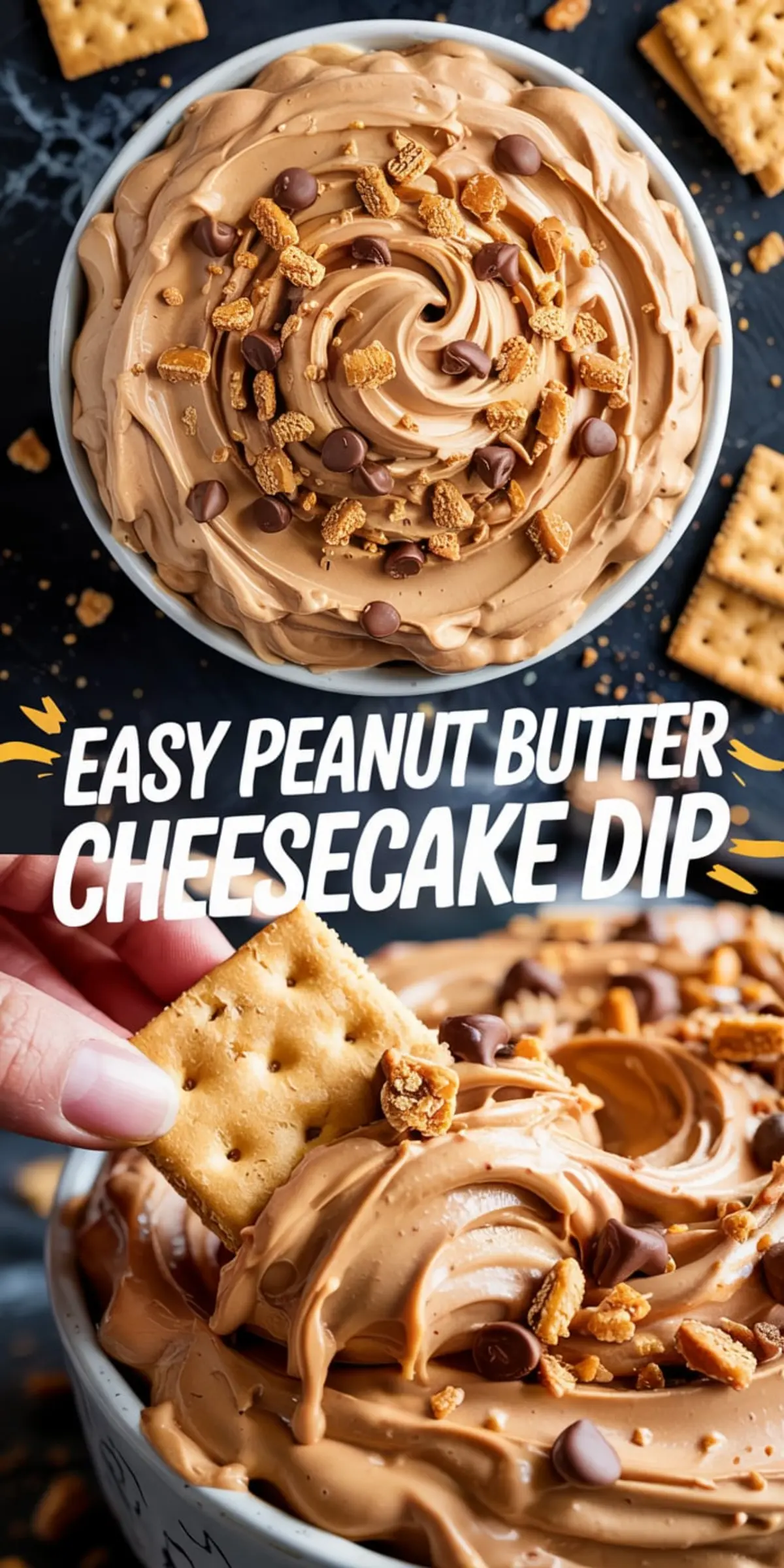 Collage image featuring a top-down view of peanut butter cheesecake dip topped with chocolate chips and cookie crumbs, and a close-up of a hand dipping a cracker into the creamy dessert, with bold text reading “Easy Peanut Butter Cheesecake Dip.”
