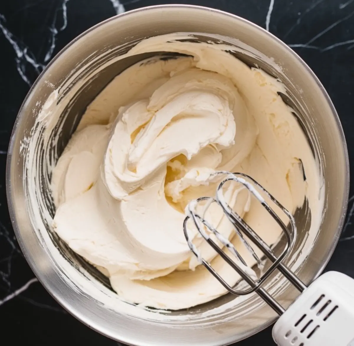 Metal mixing bowl filled with whipped cream cheese, beaten until smooth, with a hand mixer resting on the edge.
