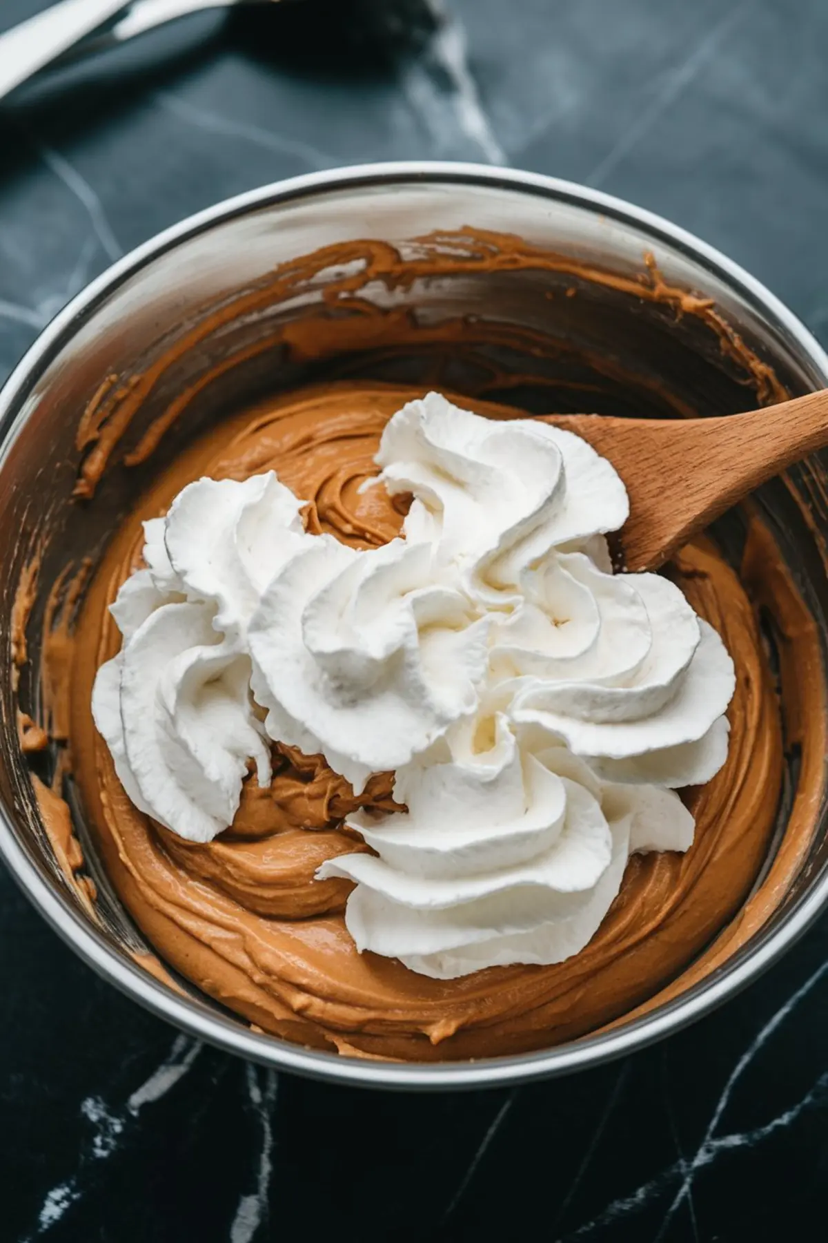 Thick peanut butter cheesecake base in a mixing bowl with whipped topping on top, ready to be folded in using a wooden spoon.