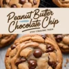 Golden brown peanut butter chocolate chip cookies with melted chips on a wire rack, paired with a close-up of a cookie topped with a peanut butter swirl and glossy chocolate chips.