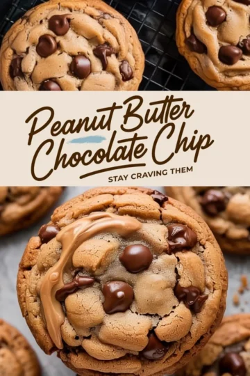 Golden brown peanut butter chocolate chip cookies with melted chips on a wire rack, paired with a close-up of a cookie topped with a peanut butter swirl and glossy chocolate chips.