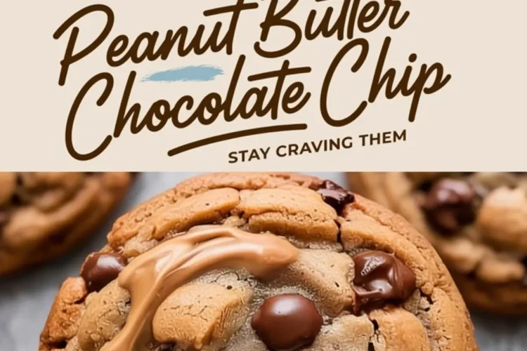 Golden brown peanut butter chocolate chip cookies with melted chips on a wire rack, paired with a close-up of a cookie topped with a peanut butter swirl and glossy chocolate chips.
