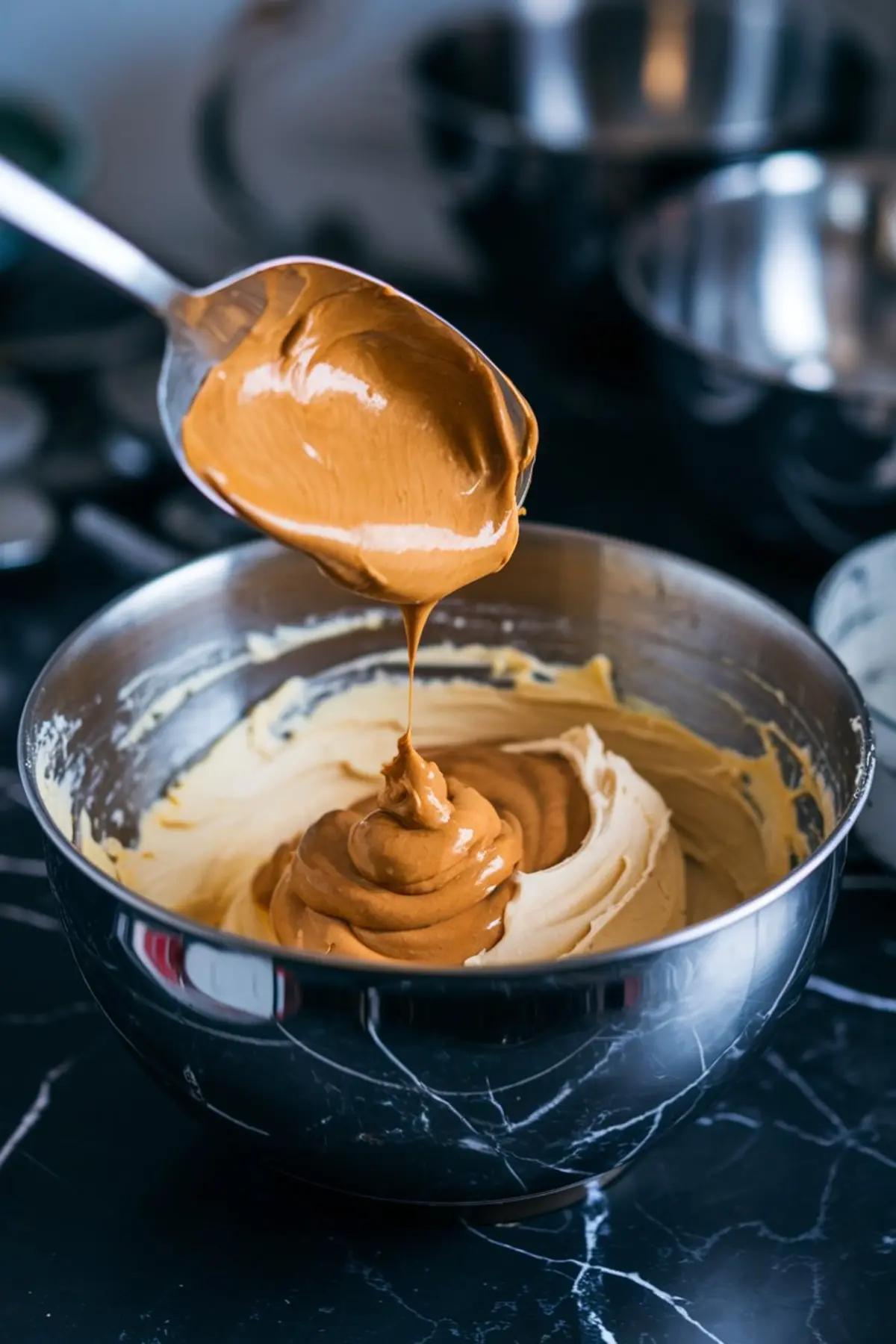 A spoon drizzling smooth peanut butter into a metal mixing bowl filled with creamy cookie dough on a dark marble countertop, highlighting the peanut butter mixing stage in cookie preparation.
