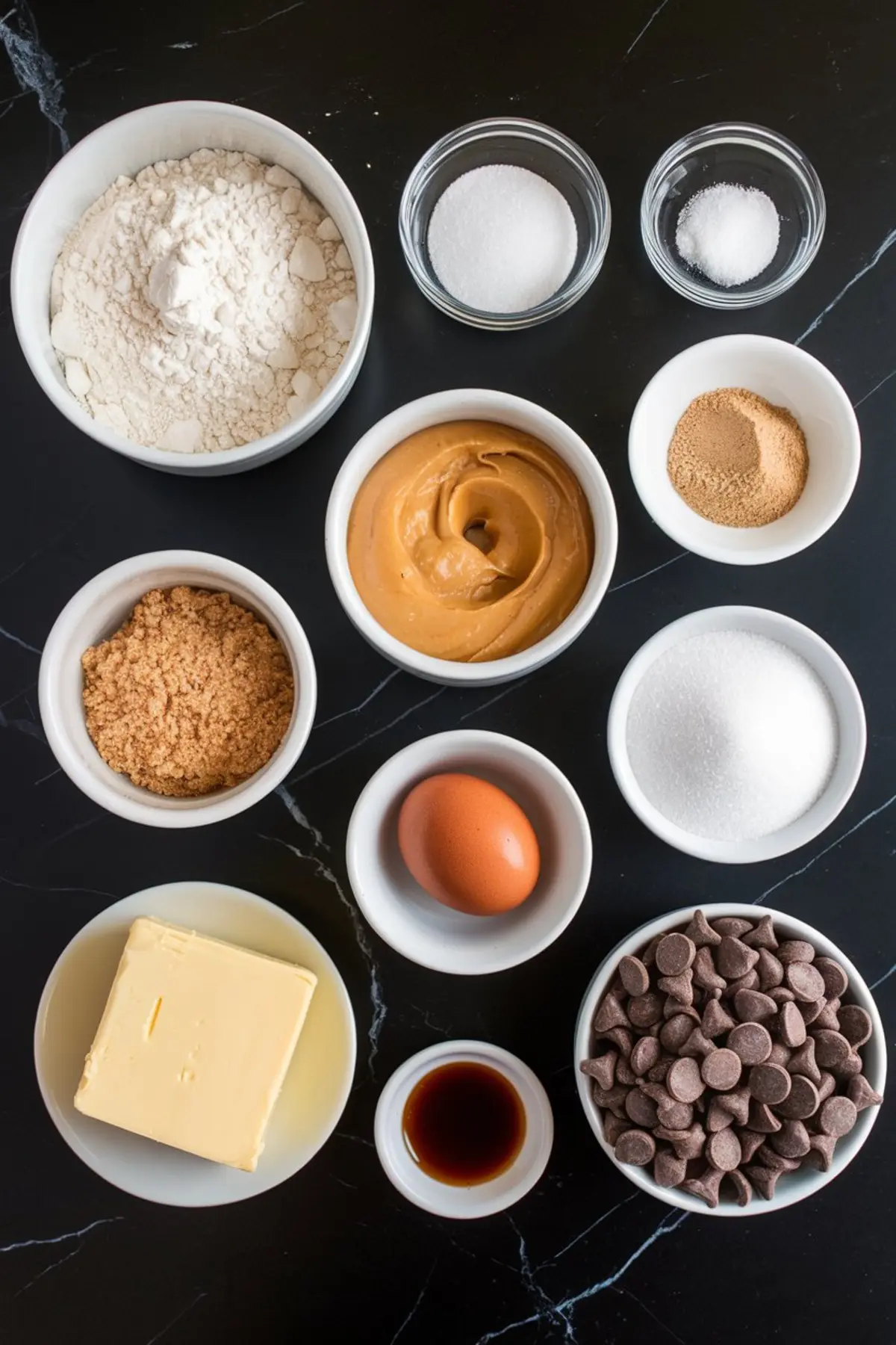 Flat lay of baking ingredients in white bowls including flour, peanut butter, chocolate chips, butter, brown sugar, granulated sugar, vanilla extract, salt, baking powder, and a single egg arranged on a black surface.