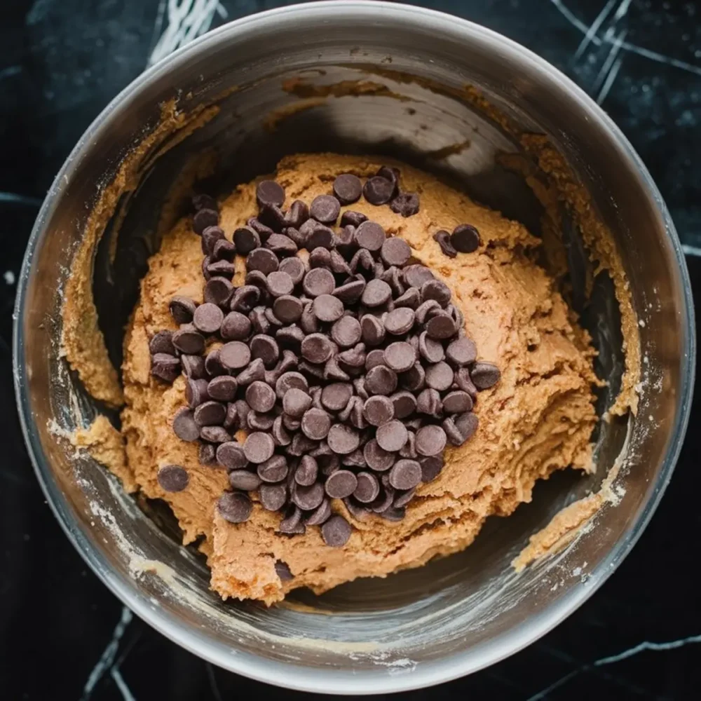 Stainless steel bowl filled with thick peanut butter cookie dough topped with a generous pile of semi-sweet chocolate chips, ready to be mixed before baking.