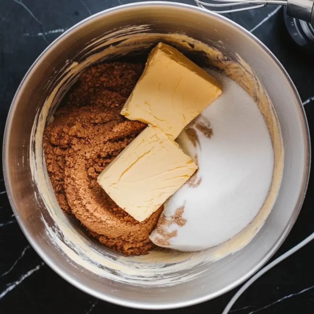 Butter, brown sugar, and granulated sugar piled in a large metal mixing bowl, showing the creaming stage of peanut butter chocolate chip cookie dough preparation.