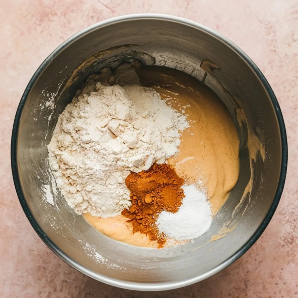 Large stainless steel mixing bowl containing a partially mixed pear clafoutis batter with visible piles of flour, ground cinnamon, baking powder, and other dry ingredients on top of a wet base.