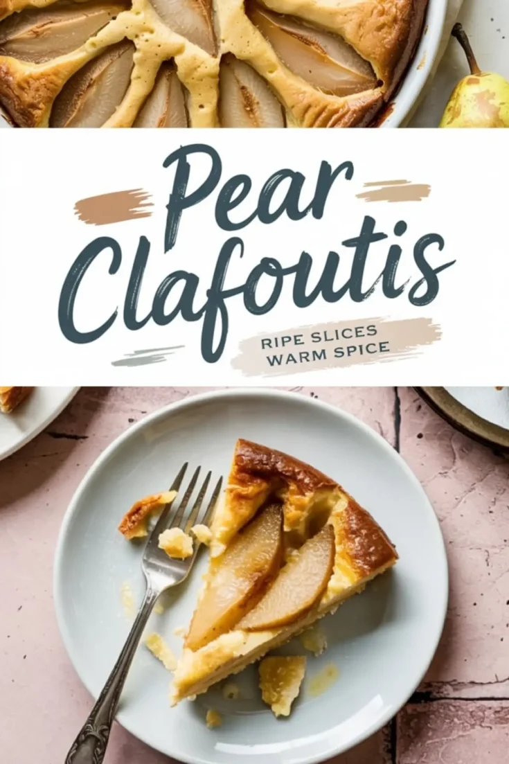 Collage of a full pear clafoutis baked to a golden finish with fanned ripe pear slices, and a served slice on a small plate showing the custard interior. Text overlay reads “Pear Clafoutis – Ripe Slices, Warm Spice.”