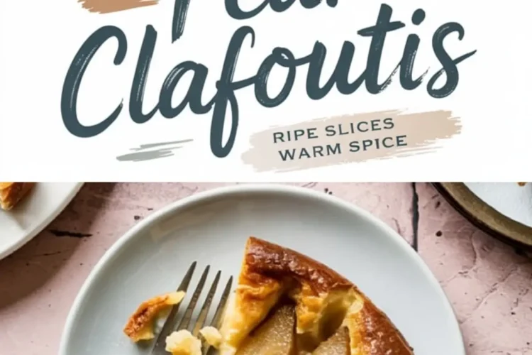 Collage of a full pear clafoutis baked to a golden finish with fanned ripe pear slices, and a served slice on a small plate showing the custard interior. Text overlay reads “Pear Clafoutis – Ripe Slices, Warm Spice.”