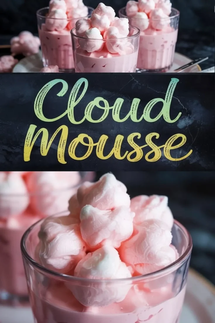 Collage showing glasses of pink cloud mousse topped with piped pastel meringue swirls, styled on a dark background with close-up views highlighting the mousse’s airy texture and glossy finish.