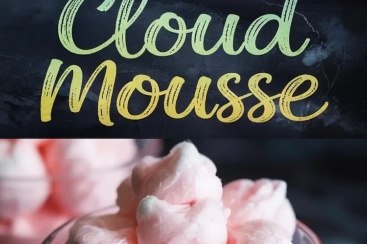 Collage showing glasses of pink cloud mousse topped with piped pastel meringue swirls, styled on a dark background with close-up views highlighting the mousse’s airy texture and glossy finish.