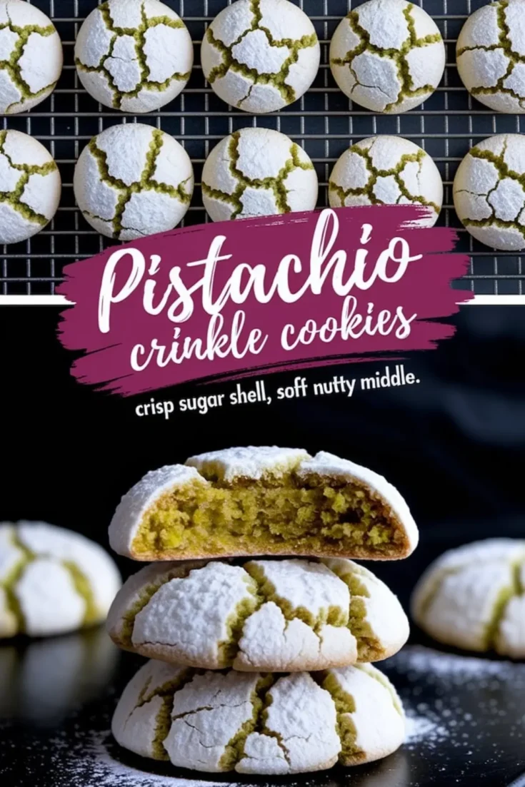 Flat lay of pistachio crinkle cookies cooling on a wire rack, paired with a close-up of stacked cookies, the top one split open to reveal a soft, green pistachio center. The texture contrasts between the crisp powdered sugar shell and moist interior emphasize the cookie’s nutty richness.