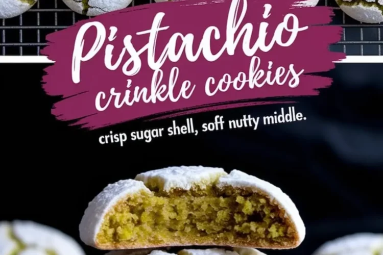 Flat lay of pistachio crinkle cookies cooling on a wire rack, paired with a close-up of stacked cookies, the top one split open to reveal a soft, green pistachio center. The texture contrasts between the crisp powdered sugar shell and moist interior emphasize the cookie’s nutty richness.