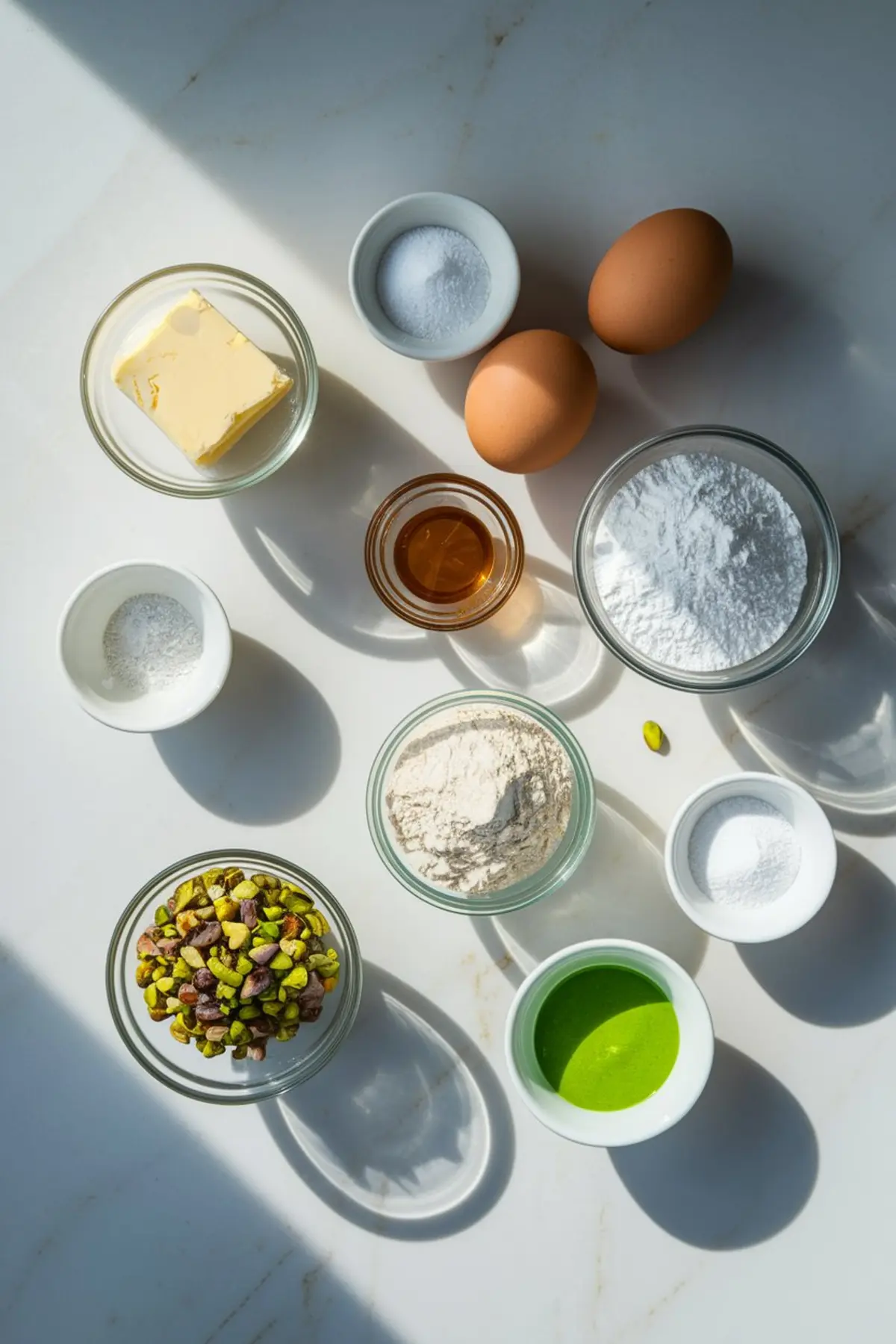 Flat lay of pistachio crinkle cookie ingredients on a white surface, including butter, eggs, sugar, flour, baking powder, salt, vanilla extract, powdered sugar, chopped pistachios, and vibrant green pistachio paste in a small cup.