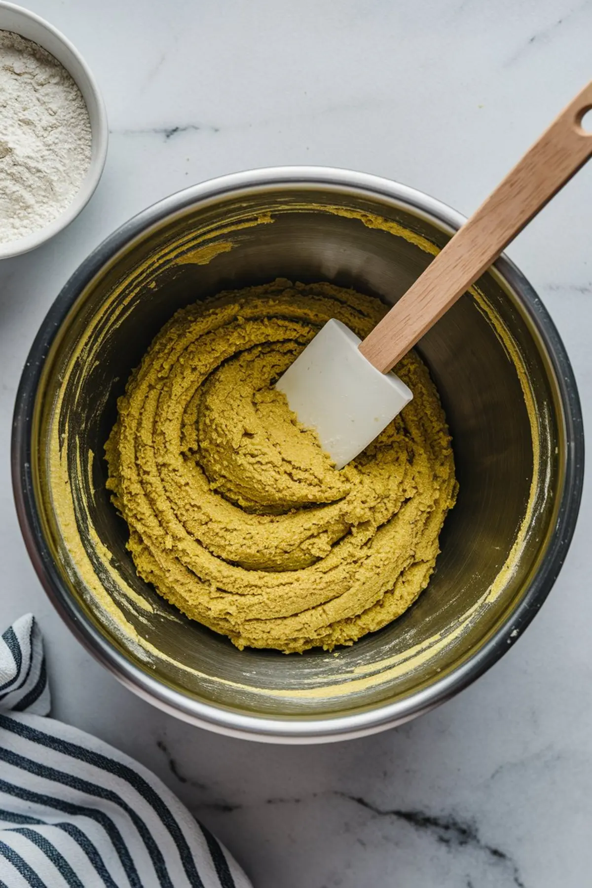Top view of pale green pistachio cookie dough in a metal mixing bowl, smoothed into a spiral with a white spatula resting on top, highlighting the early stage of crinkle cookie dough formation.