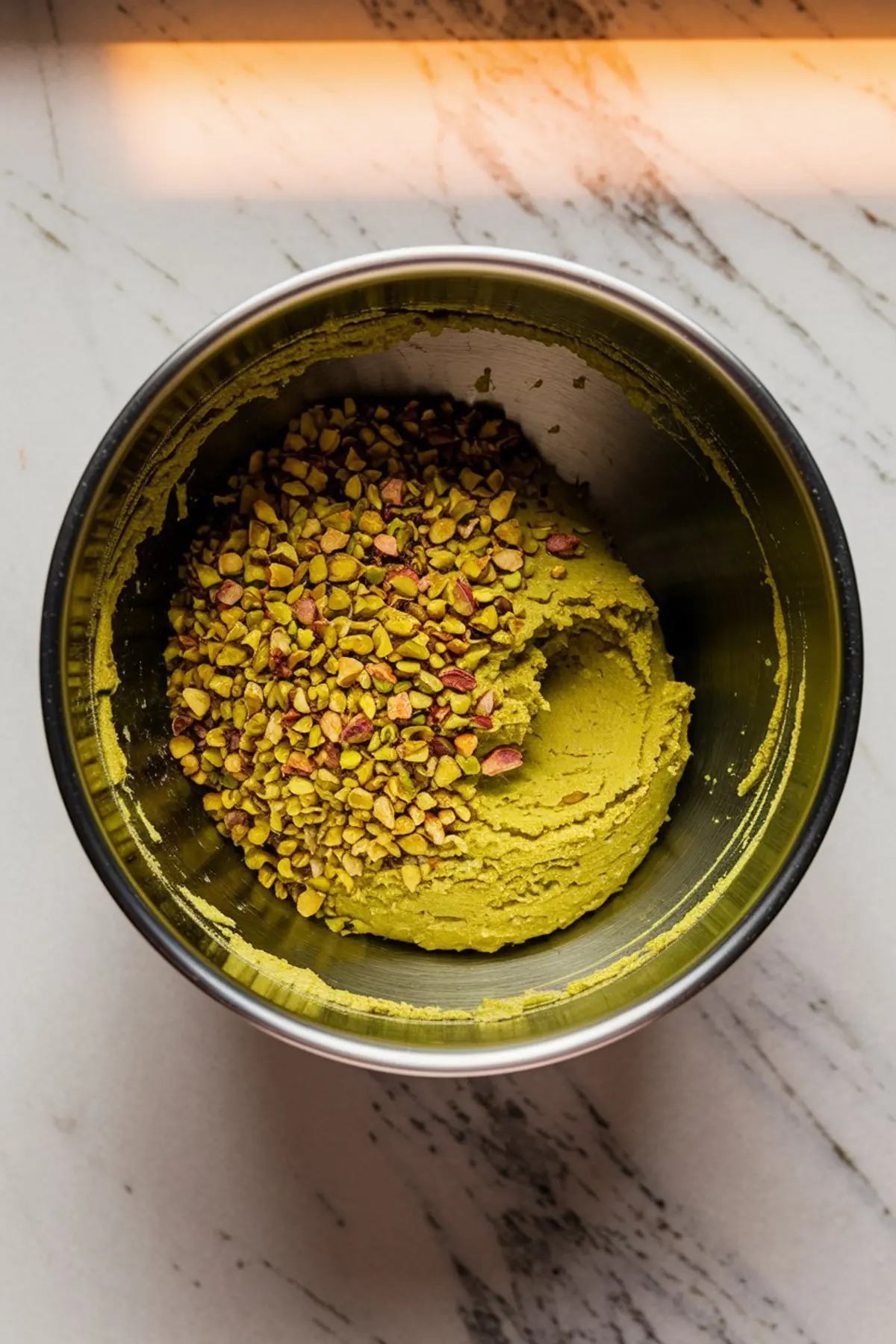 Pistachio cookie dough with finely chopped nuts added on top in a mixing bowl, emphasizing the rich texture and nutty elements before combining for crinkle cookie dough.