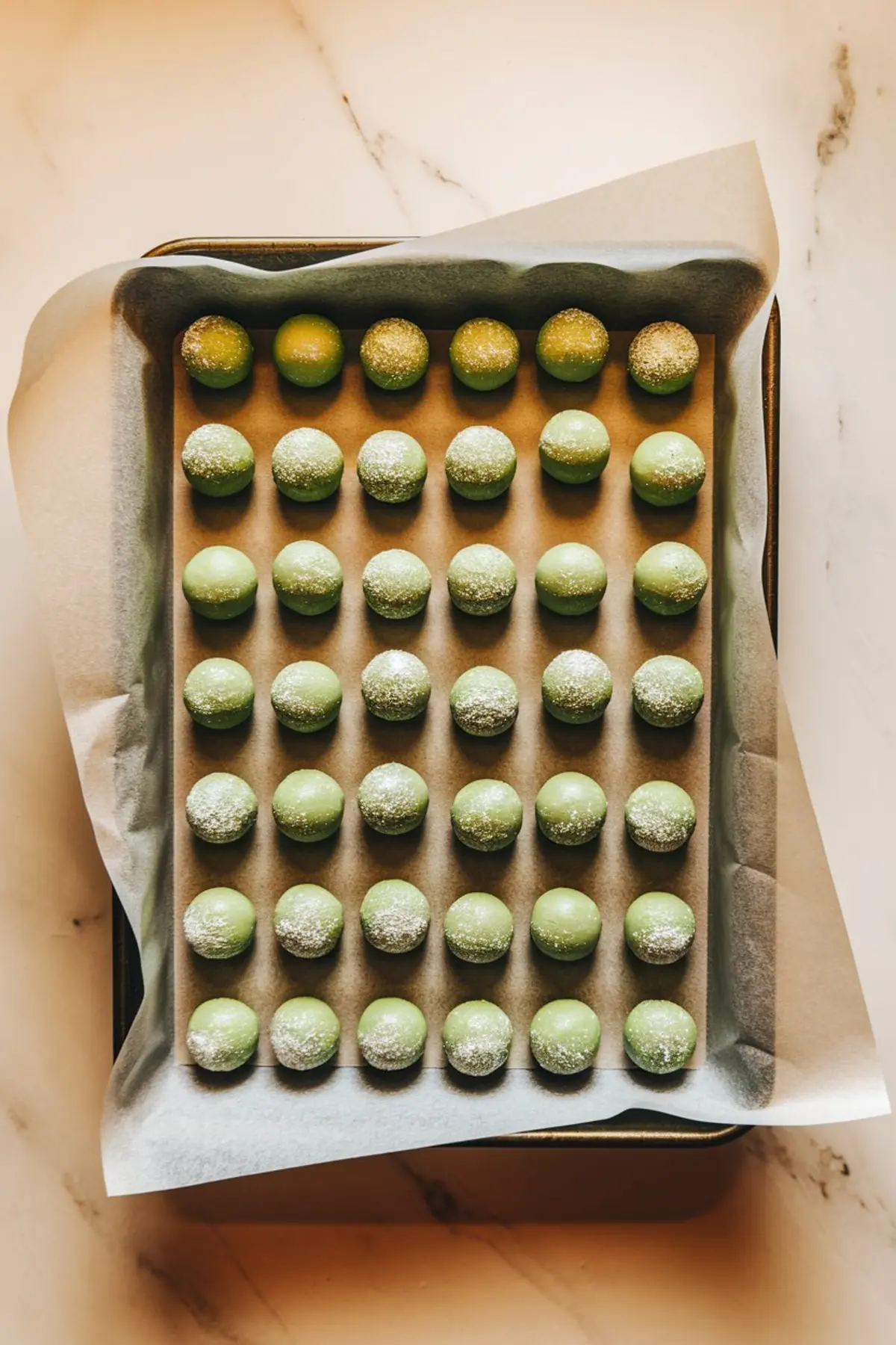 Evenly spaced rows of bright green pistachio cookie dough balls arranged on a parchment-lined baking tray, dusted lightly with powdered sugar and ready for baking.
