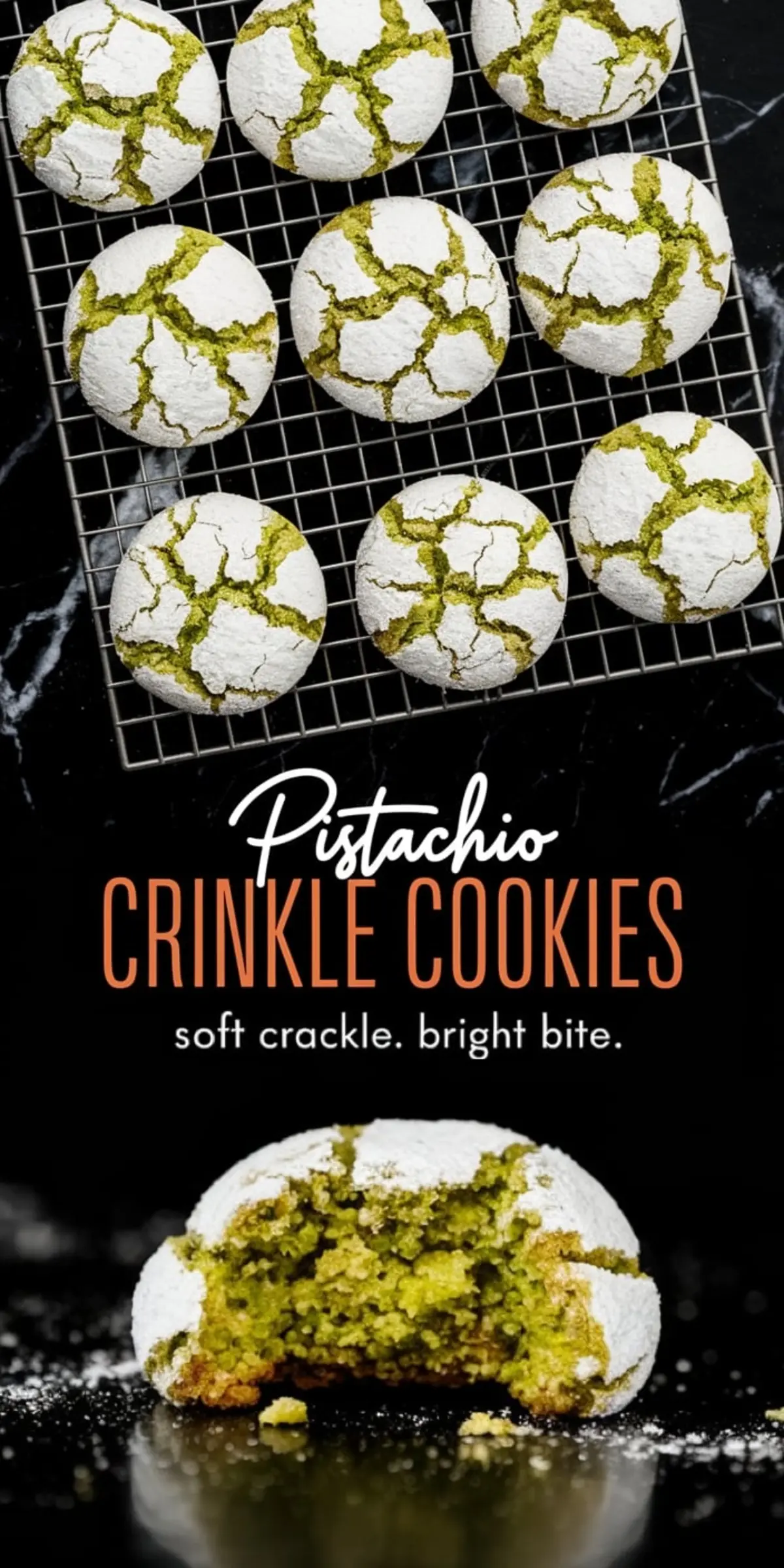 Top image shows pistachio crinkle cookies cooling on a wire rack, while the bottom features a close-up of one cookie bitten in half, revealing its moist, green pistachio interior and soft, crackled powdered sugar crust.