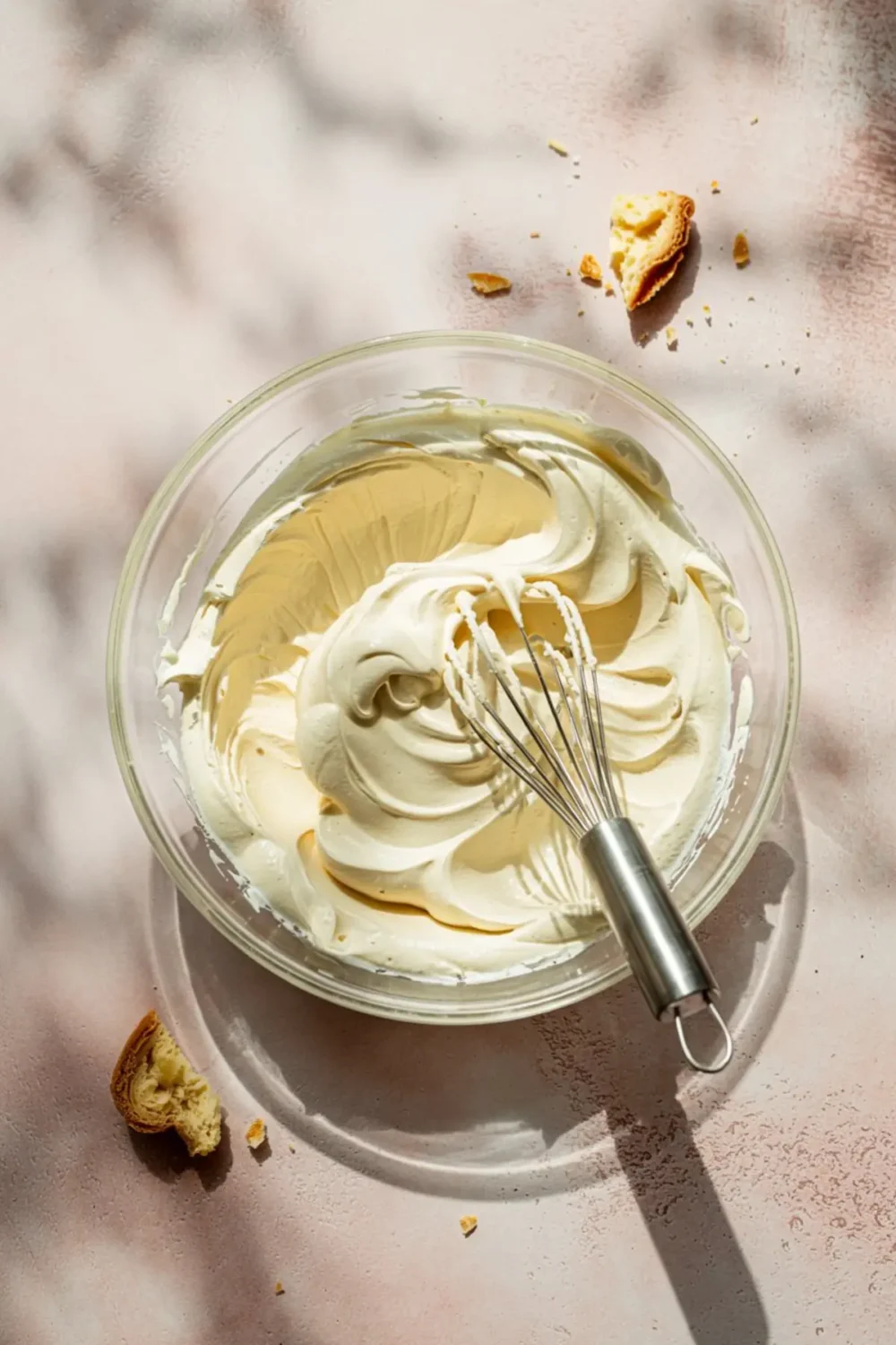 Fluffy cheesecake mixture being whipped in a glass bowl with a metal whisk, with cookie crumbs scattered on a pink textured background.