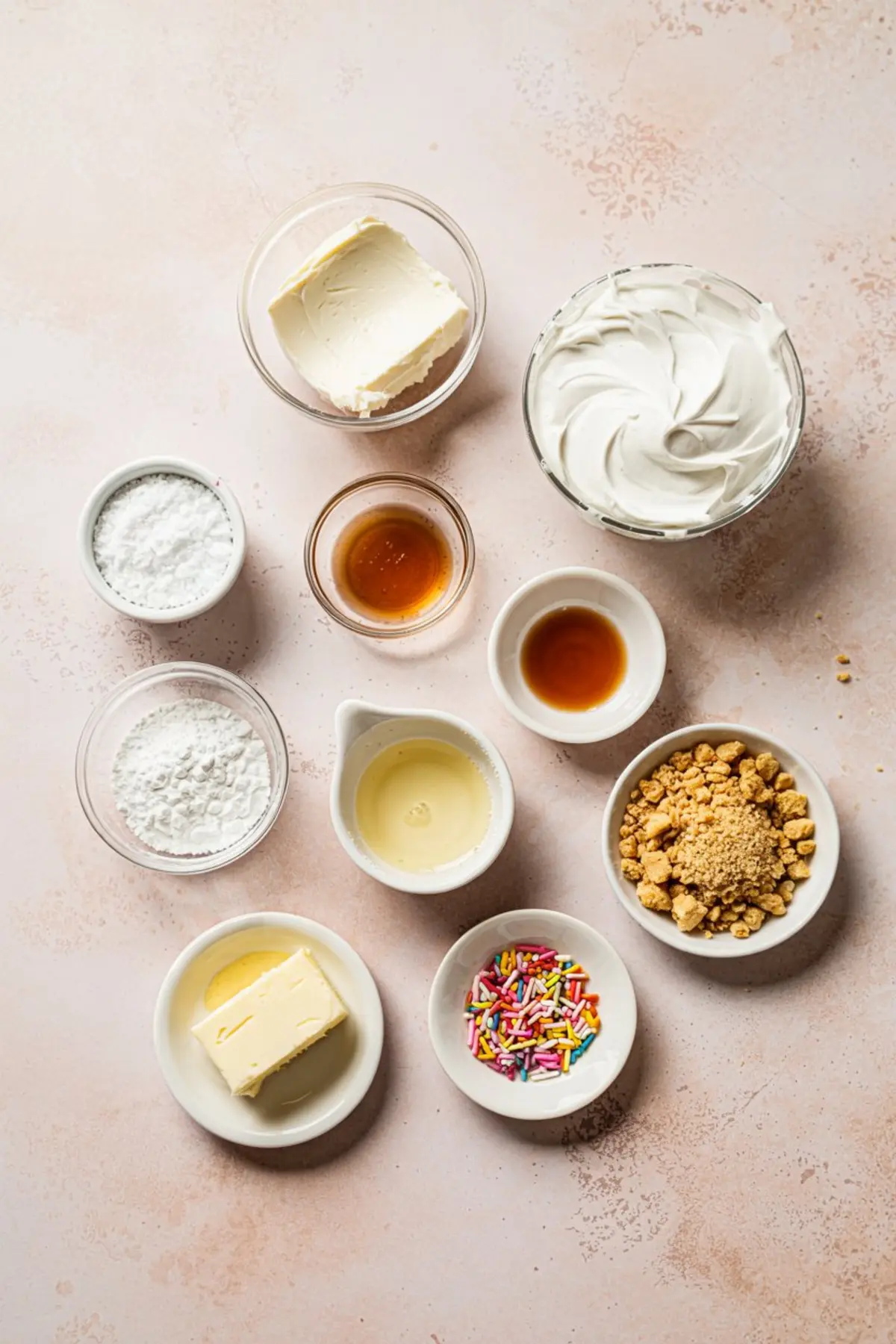 Overhead view of cheesecake parfait ingredients arranged on a light pink surface, including cream cheese, whipped topping, powdered sugar, condensed milk, vanilla extract, sprinkles, graham cracker crumbs, butter, and flavoring liquids in small bowls.