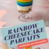 Collage image of rainbow cheesecake parfaits in glass cups with whipped cream and sprinkles, featuring vibrant stacked layers and promotional text for a no-bake dessert.
