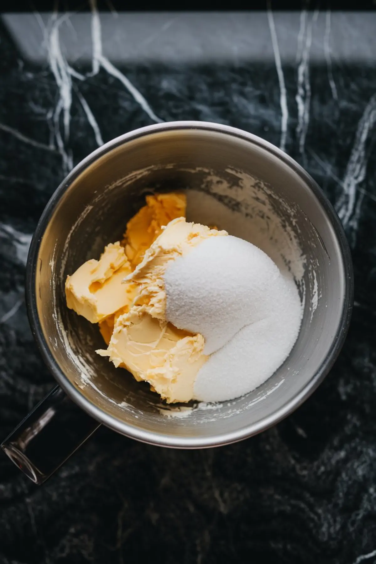 Butter and granulated sugar in a metal mixing bowl, placed on a dark marbled surface, ready to be creamed for cookie dough.
